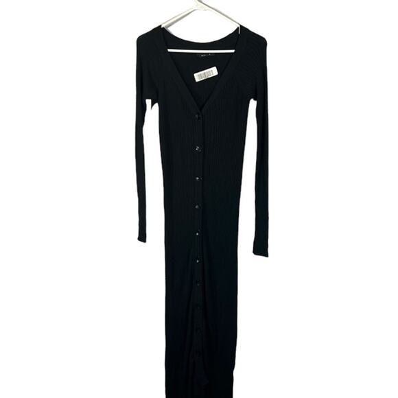 Olivaceous Black Ribbed Textured Long Sleeve Button Front Maxi Dress Women Sz S - Picture 1 of 9